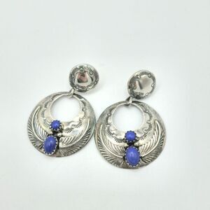 Vintage Silver lapis lazuli Navajo  hoop dangle earrings